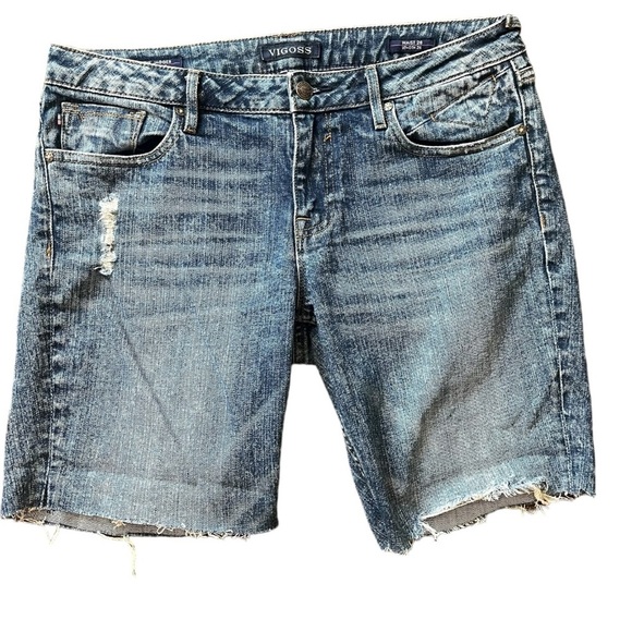 351-Blue denim shorts with frayed hem and distressed details, - Picture 1 of 5